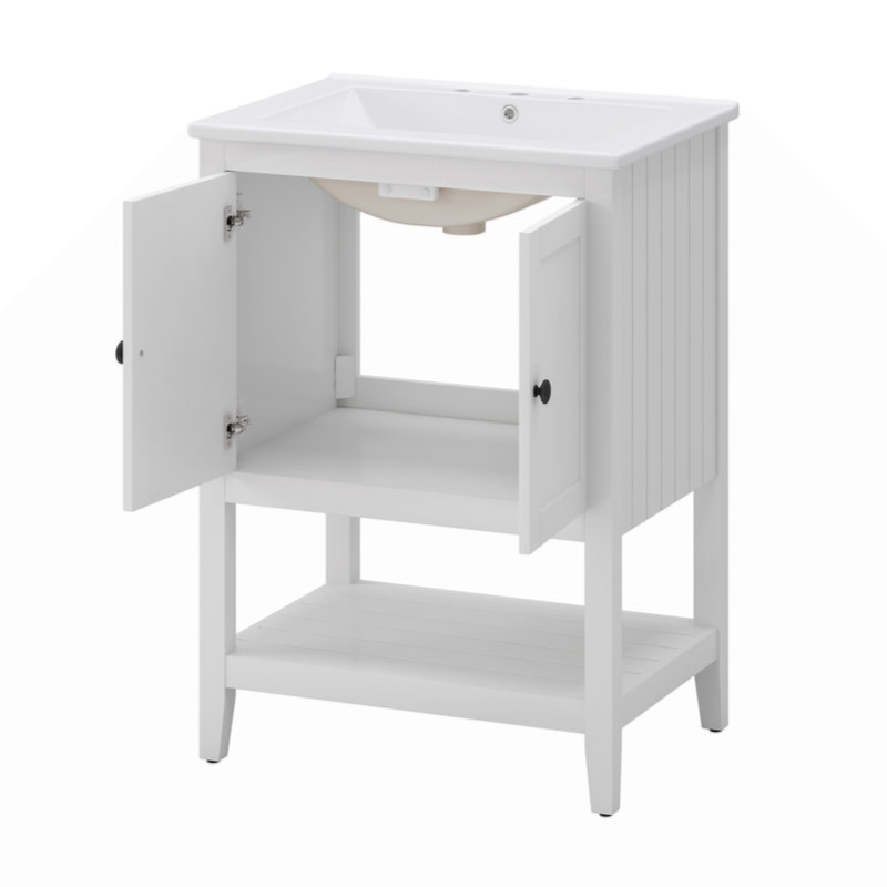 Lavabo de salle de bain élégant en céramique 24 po avec tablette ouverte en bois massif