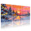 Ensemble de 3 toiles murales représentant un sapin de Noël, un chalet et un coucher de soleil sur un paysage d'hiver-121088613