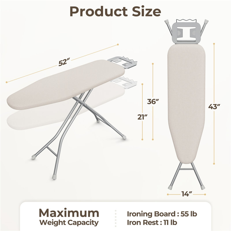 Table à repasser à hauteur réglable avec 4 pieds, Beige
