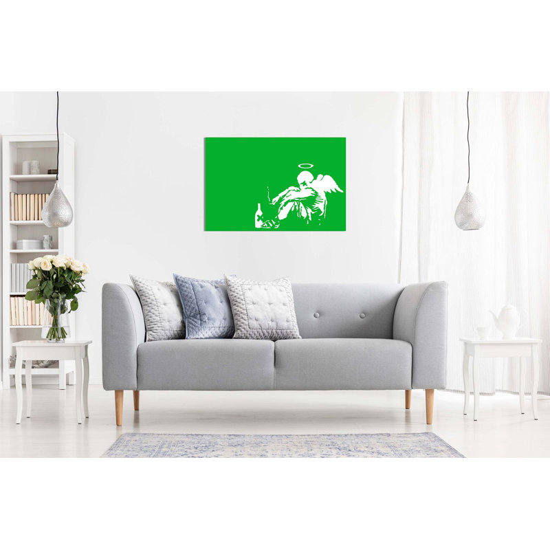 Banksy Fallen Angel Graffiti - Wrapped Canvas Print, 61cm H x 91cm W, Green