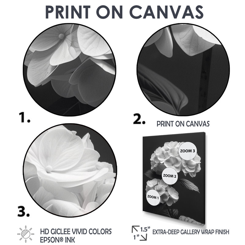 Monochrome Hydrangea Botanical Beauty I - Hydrangea Wall Decor, Gold Floater Framed, 34" H x 44" W