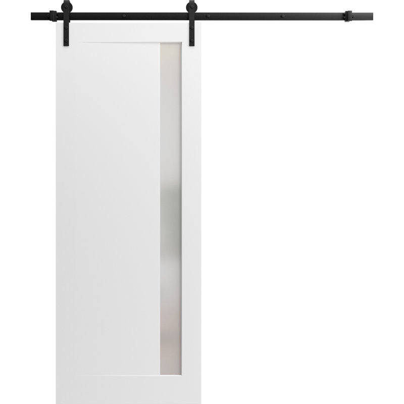 Porte de grange robuste | Planum blanc peint avec verre givré 0660 | Ensemble de quincaillerie lourde 6,6 pi | Portes intérieures solides
