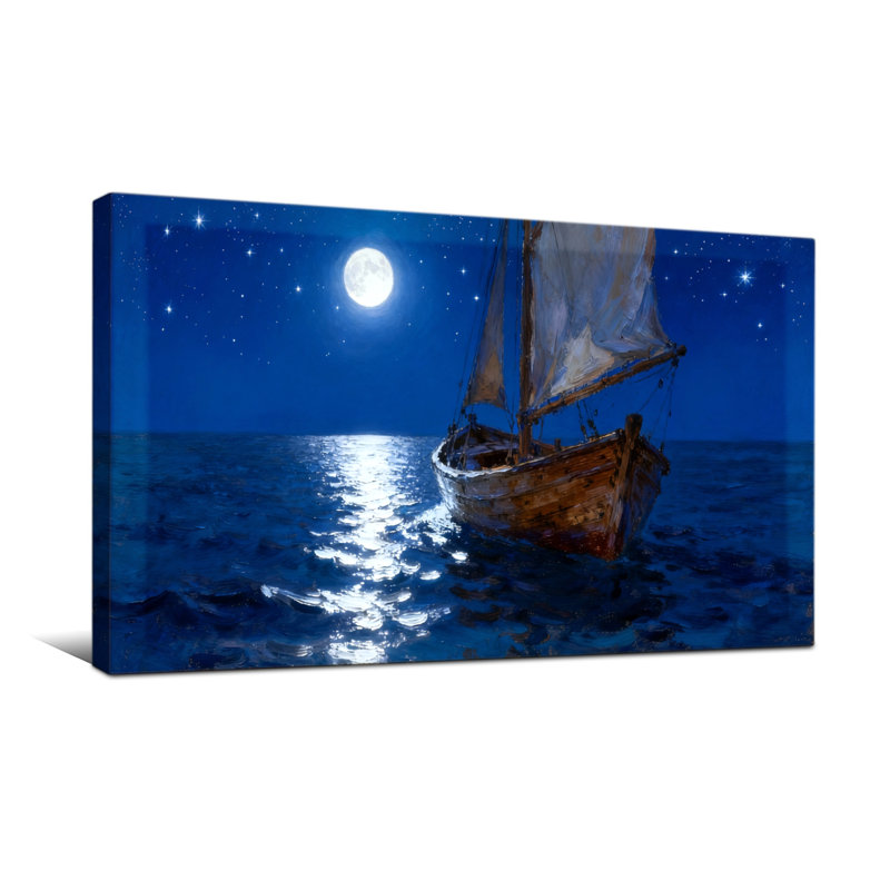 Nautique et plage au clair de lune sur un voilier calme, H 16 po x l 32 po