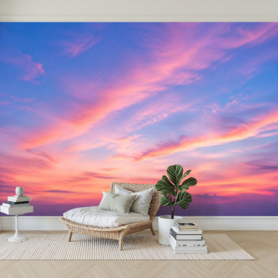 Wall Mural Peel and Stick Wallpaper Sky pink blue colors effect light pastel colored sunset clouds cloud Self-Adhesive Removable Contact Paper Wall Decor for Living Room Bedroom 100"H x 144"W