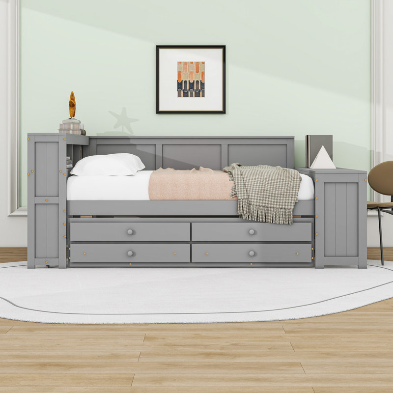 Full-Size Daybed with Built-In Desk, Storage, and LED Lighting, Gray