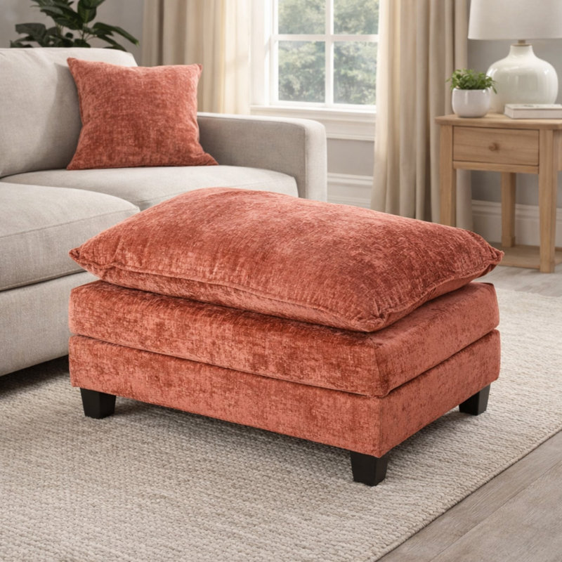 Geneveve Chenille Upholstered Ottoman with Compressed Foam Cushion, Orange