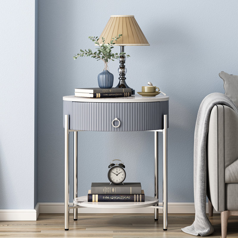 Table de bout avec rangement Woodville, Chrome chrome, Blanc / Gris