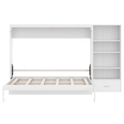 Murphy Bed with Height Adjustable Storage Compartments and Shelf,Wall Bed Frame With 1 Drawer,Multifunctional Foldable Platform Bed for Bedroom,Guest Room