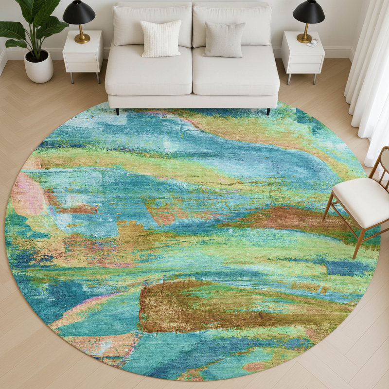 Premium Machine Washable Mayfield AMF2040 Abstract Rug, Teal, 8' Round