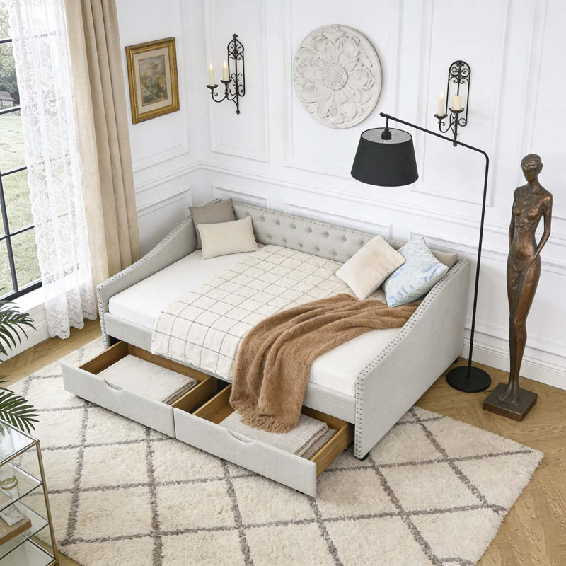 Lit de jour simple avec tiroirs et canapé-lit capitonné, Polyester beige, Lit simple