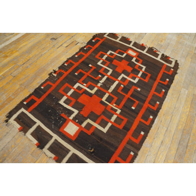 Bold Charcoal and Red Antique Flat Weave Tribal Geometric Native American Navajo Rug