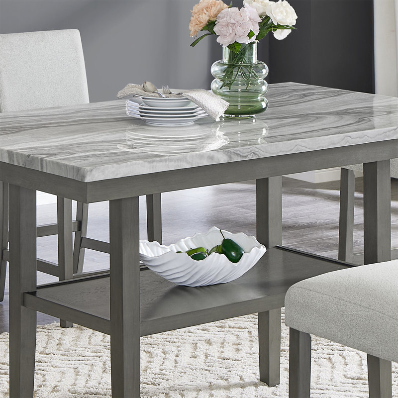 Selena 60" Rectangular Gray Faux Marble Counter Height Table With Storage Shelf & Gray Wood Legs