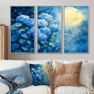 Hortensias sous le clair de lune II - décoration murale hydrangées - 3 pièces