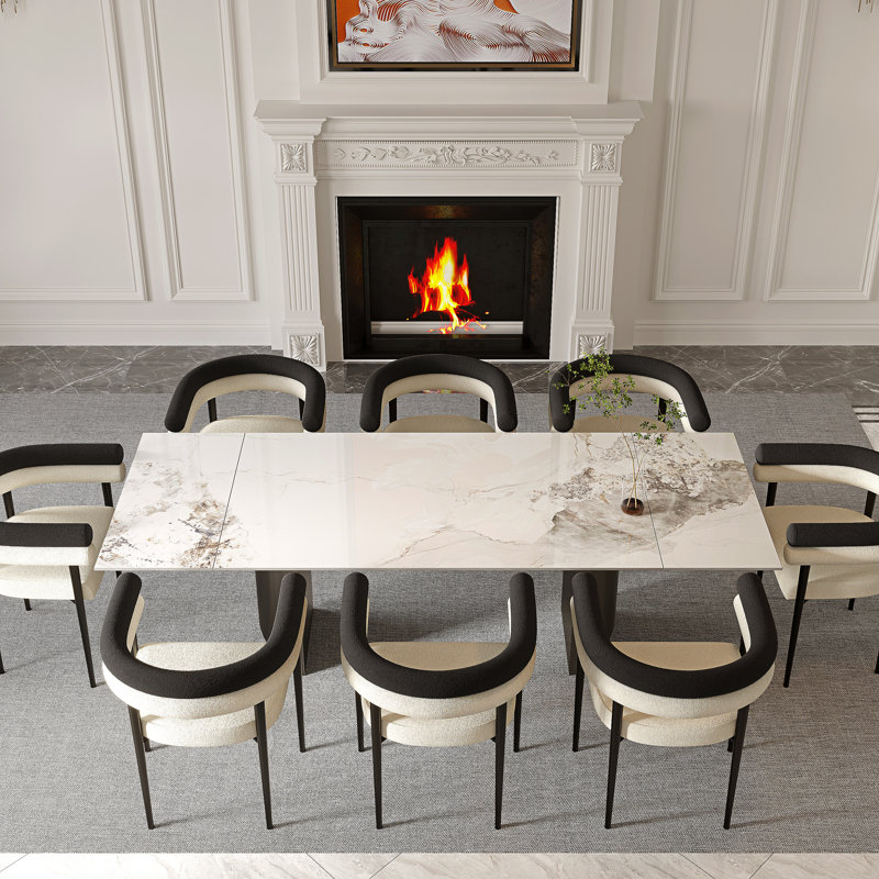 9 - Piece 63'' To 94.5'' Extendable Dining Table Set Sintered Stone Dining Table With 8 Upholstered Armchair, Chanel, Black