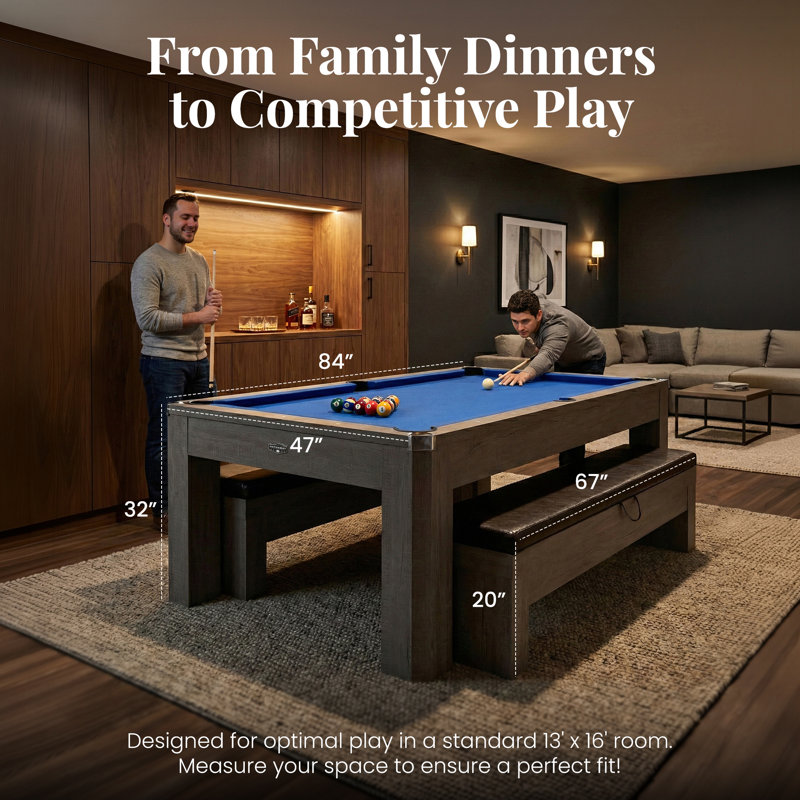 Hathaway Newport 7 Foot Pool Table Combo – 3 in 1 Game Table with Reversable Table Tennis Top & Dining Top – Includes Game Accessories & Two Benches – Chrome Accents, Rustic Gray Finish, Blue Felt