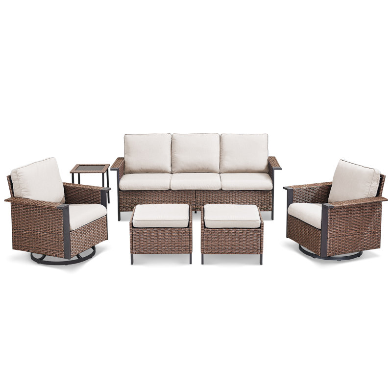 6 Piece Wicker/Rattan Sofa Seating Group With Cushions, Beige