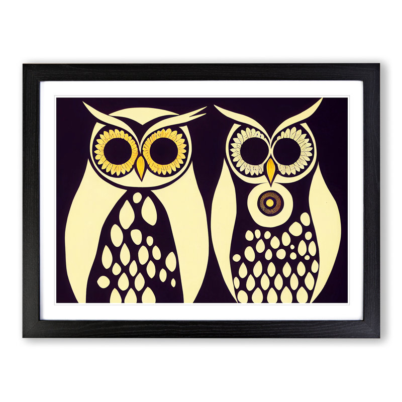Retro Owls - Single Picture Frame Painting, Black Framed, 46cm H x 64cm W x 2cm D