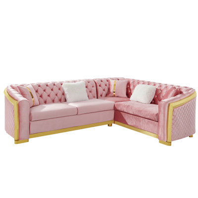 Canapé modulaire rose en forme de L de 106 pouces avec accents en acier inoxydable doré, bouton en velours, 5 sièges, coussins rembourrés de mousse, accoudoirs roulés, dossier à ressorts indépendant, espace de montage facile