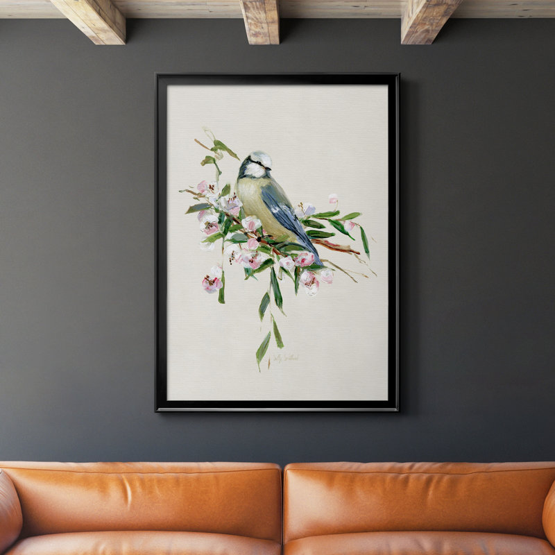 «Spring Song Blue Bird», peinture sur toile encadrée, H 30,5 po x l 42,5 po x P 1,5 po, Noir