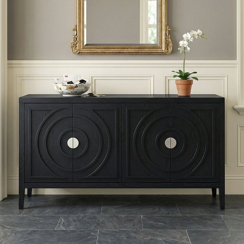 Rustic Kitchen Cabinet - Rubber Wood Construction, Distressed Finish,Rounded Door Design, Adjustable Shelves, Black