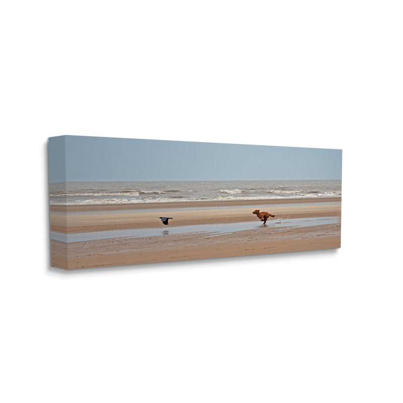 «Dog Chassing Bird on Beach» par Gill Woodcock - reproduction d'art sur toile tendue, H 13 po x l 30 po x P 1,5 po