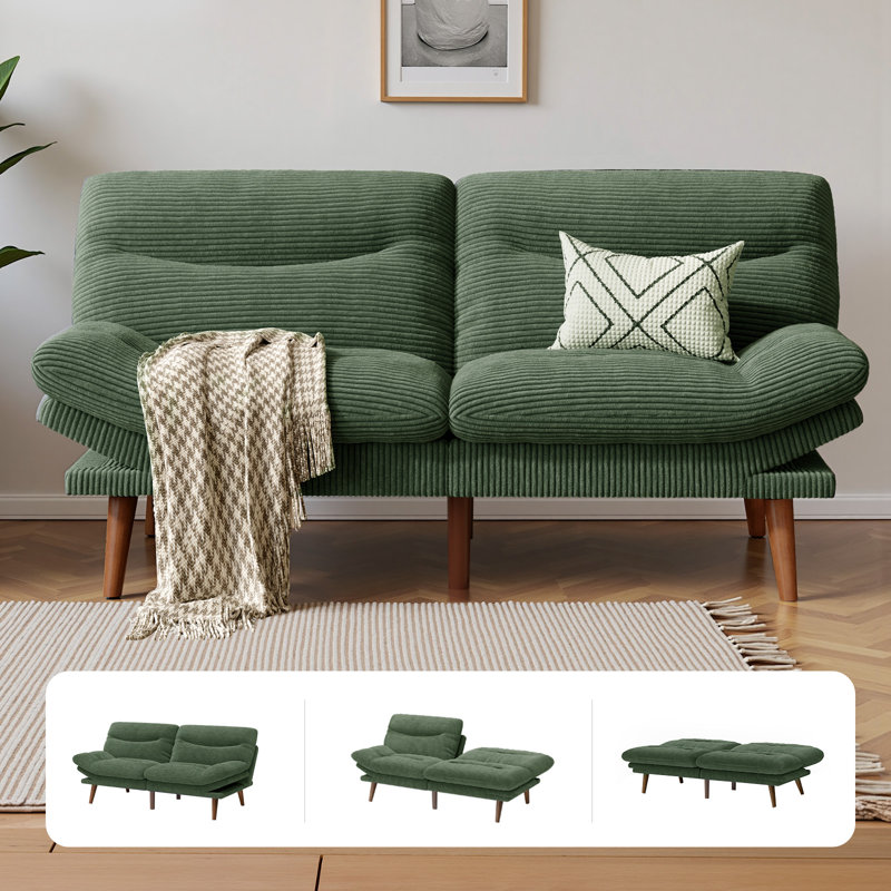 Canapé-lit futon convertible de 66 po avec dossier réglable à 3 niveaux et accoudoirs réglables à 6 niveaux, canapé-lit pour appartement, salon, vert