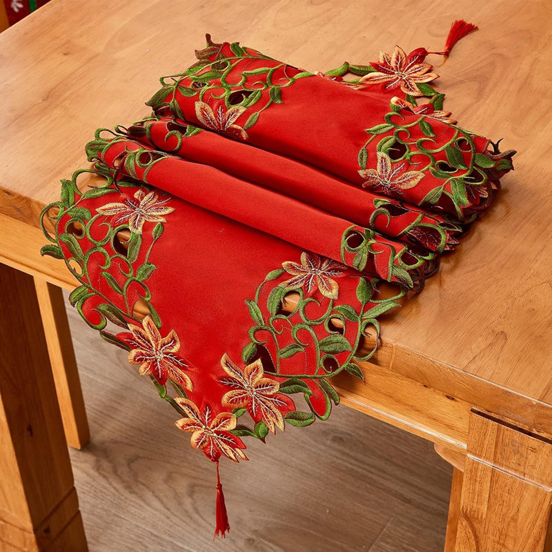 Christmas Embroidered Table Runner Cutwork Green Leaves Holiday Table Linens For Christmas Decorations 15X69 Inch