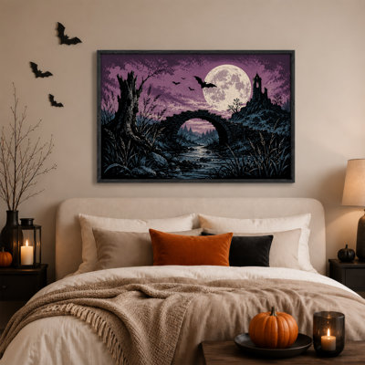 Pont de pierre et tour en ruine sous une lune violette - Toile murale d'Halloween