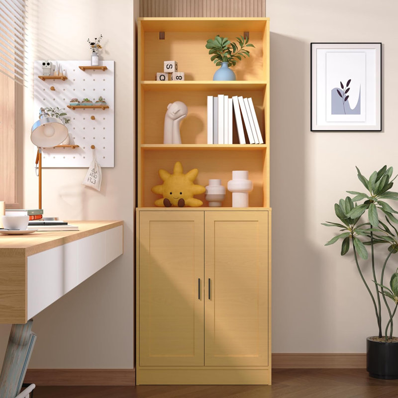 75" Tall Bookcase With Doors, 5 Tier Large Bookshelf With Cabinet, Standing Wood Display Book Shelf For Living Room, Office, Library With Doors