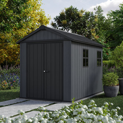 Keter Newton Plus Durable Resin Outdoor Storage Shed With Floor and Double Doors for Garden Patio Furniture and Tools, Graphite Grey (6 Available Sizes)