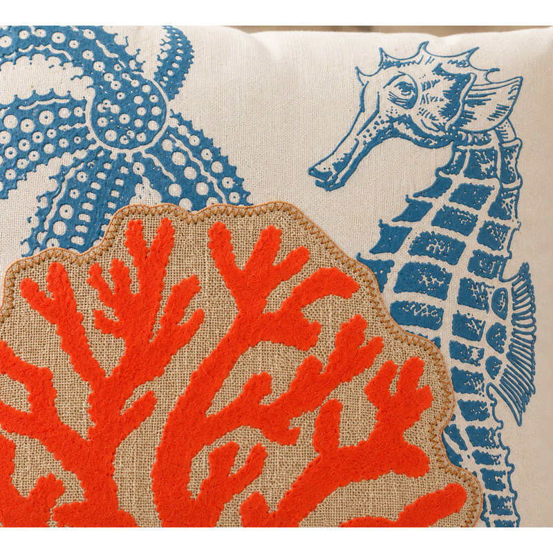 Coastal Applique Sea Life and Coral Decorative Throw Pillow
