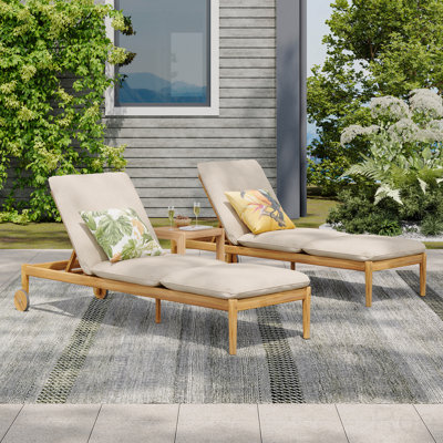 Set Of 2 Outdoor Chaise Lounge Chair, Acacia Wooden Frame With Wheels