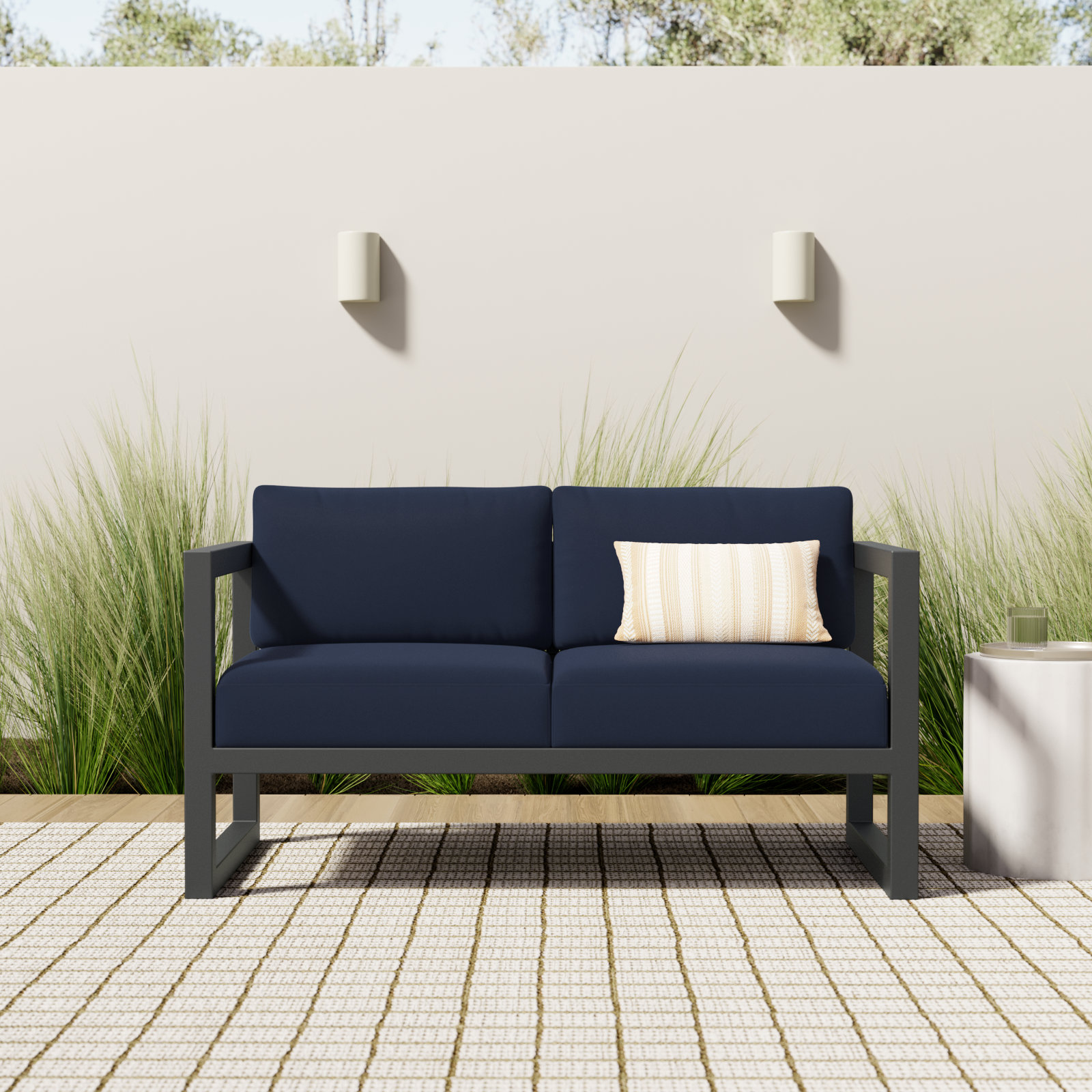 Smith 57.5'' Wide Straight Powder Coated Aluminum Loveseat with Sunbrella® Cushions, Spectrum Indigo, Slate