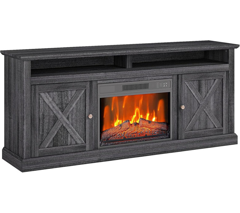 Meuble télé 67 po avec foyer ajustable 23 po - Télécommande, minuterie et armoires de rangement