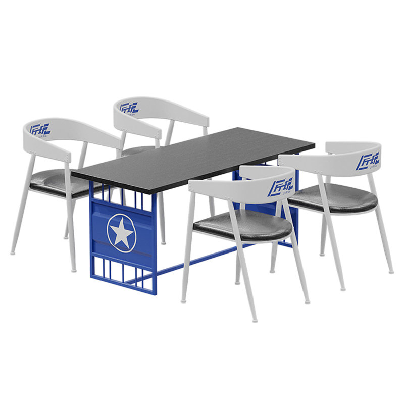 Table et chaises créatives de style industriel, 5, Plateau noir / base bleue, Blanc / noir