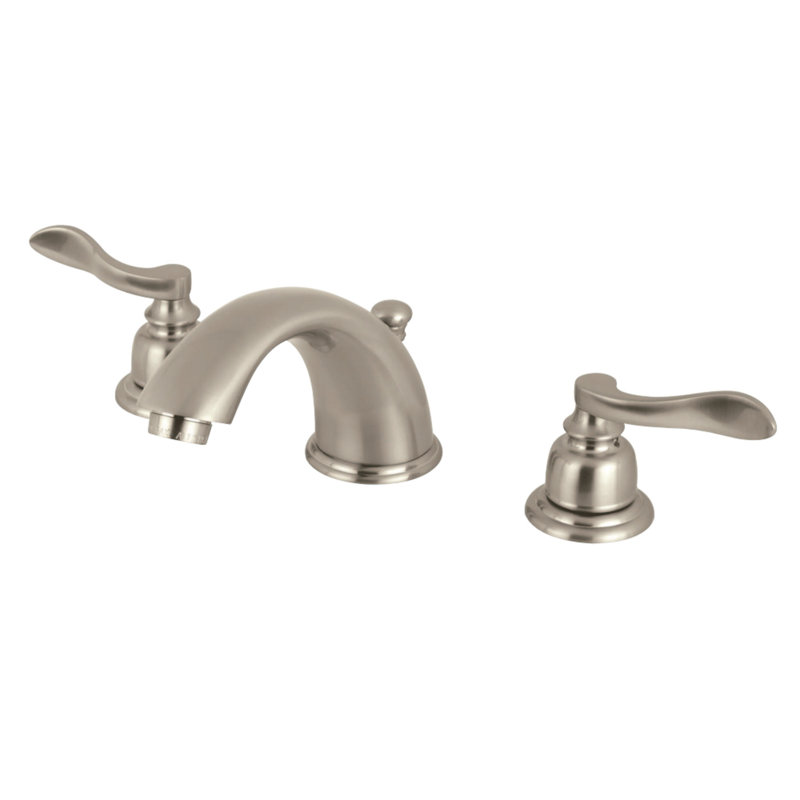 Kingston Brass NuWave French Two-Handle 3-Hole Deck Mount Widespread Bathroom Faucet with Retail Pop-Up Drain, Brushed Nickel