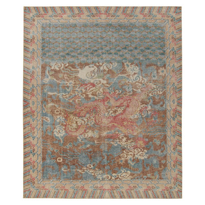 Distressed Dragon Rug In Brown, Blue, Red Pictorials By Rug & Kilim