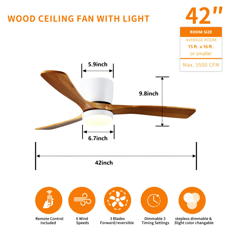 Ventilateurs de plafond en bois de 42 po avec lumières et télécommande, ventilateur de plafond encastré moderne à profil bas avec lumière, 6 vitesses, moteur à courant continu réversible