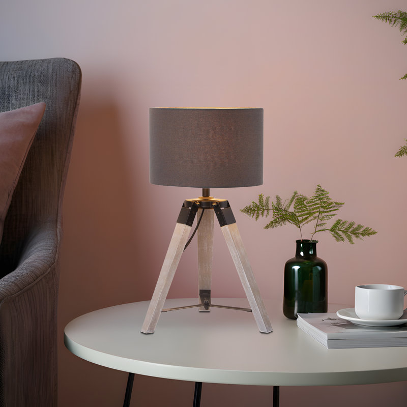 10 In. Gray Industrial Task And Reading Desk Lamp With Wooden Base And Velvet Drum Shade
