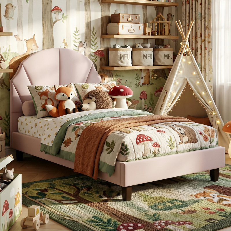 UK & EU Kids Velvet Bed Frame, Scalloped Shell Upholstery Bed with Height-Adjustable Headboard, Beige/Pink, Pink