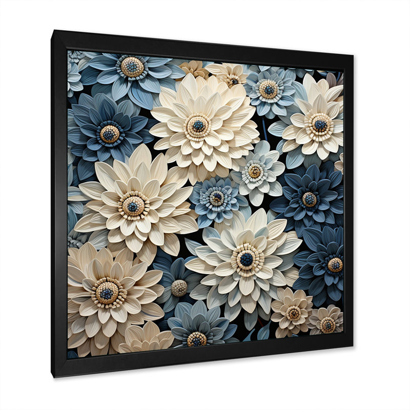 «Zinnias Bounty» blanc et bleu sur toile, Cadre simple noir, H 24 po x l 24 po x P 1 po