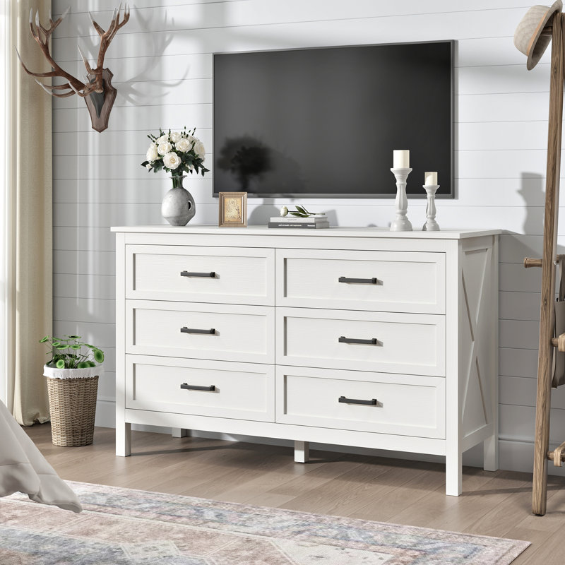 Farmhouse 6 Drawer Dresser for Living Room,Bedroom Dresser with Anti-Tip Device, White