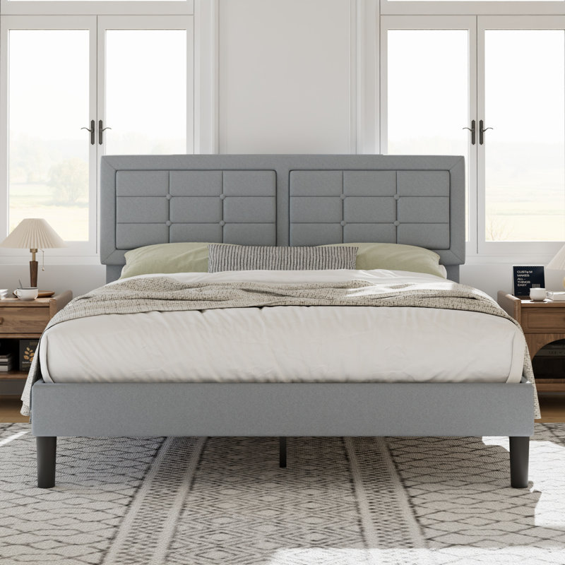 Structure de lit double Kempst, cadre de lit plateforme double rembourré avec tête de lit capitonnée à hauteur réglable, sommier robuste avec lattes de bois, aucun sommier requis, rangement sous le lit