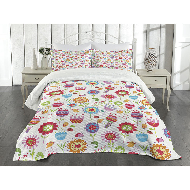 King Size Multicolor Floral Polyester Bedspread Set