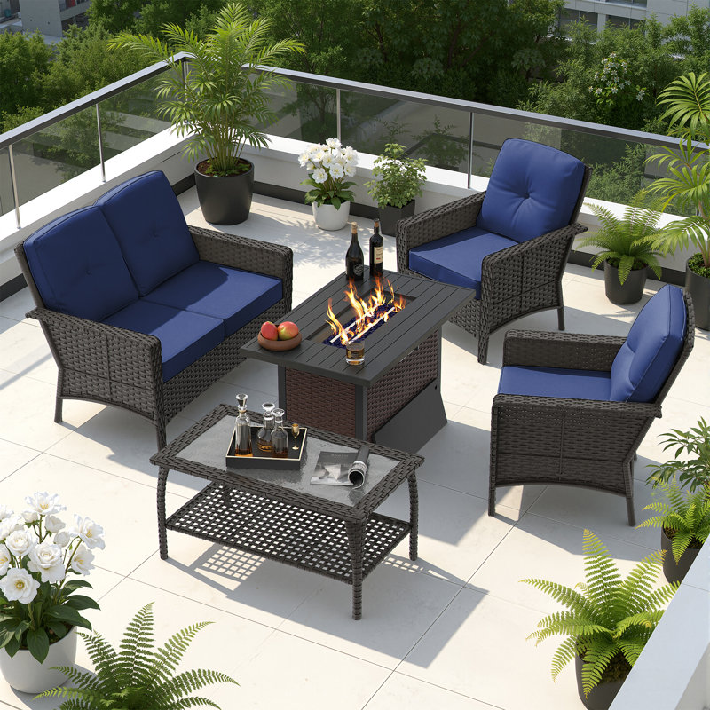 5-piece Outdoor Wicker Patio Conversation Set With 43" 50,000 Btu Gas Fire Pit Table, Love-seat Sofa, Tempered Glass Coffee Tables & Csa Certification
