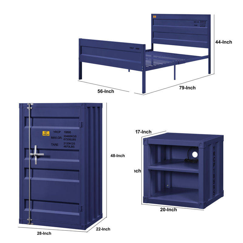 Ensemble de chambre à coucher double Dua, modèle à panneau encastré, style industriel, métal bleu, Bleu