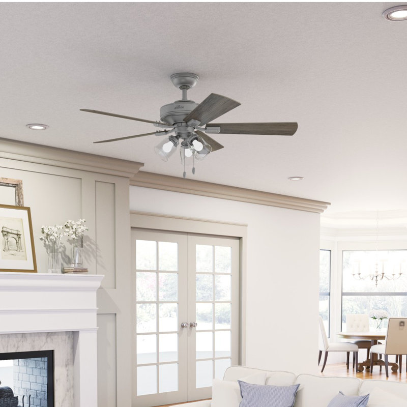 52" Crestfield 5 - Blade Modern Farmhouse Indoor Ceiling Fan with Light and Pull Chains, Matte Silver/Light Gray/Oak 