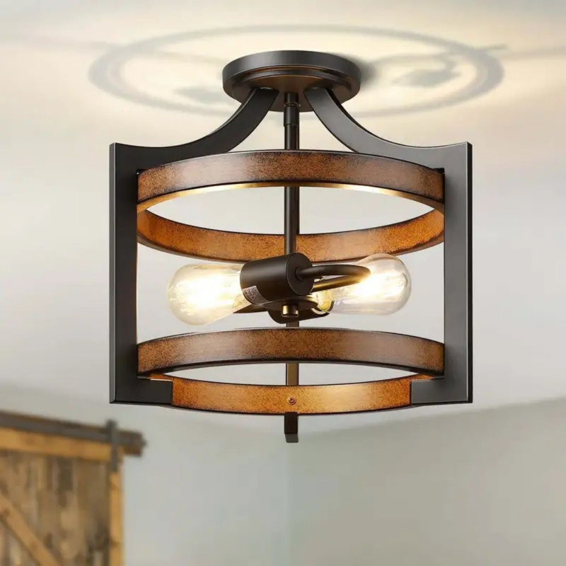 1Pack Semi Flush Mount Ceiling Light, Farmhouse Ceiling Light Fixture With Detachable Chain, Metal Wood Grain Finish, 2-Light Pendant Light Fixture