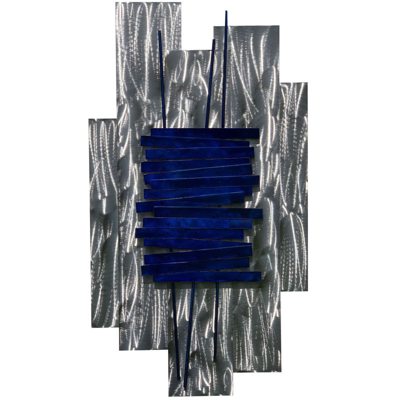 Handmade Modern Abstract Wall Decor on Metal, Aged Blue/Polished Silver