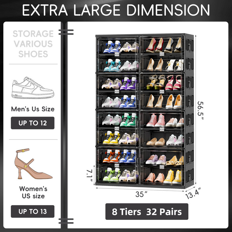 8 Tiers 32 Pairs Foldable Shoe Rack Organizer, Large Shoe Cabinet With Magnetic Doors, 8